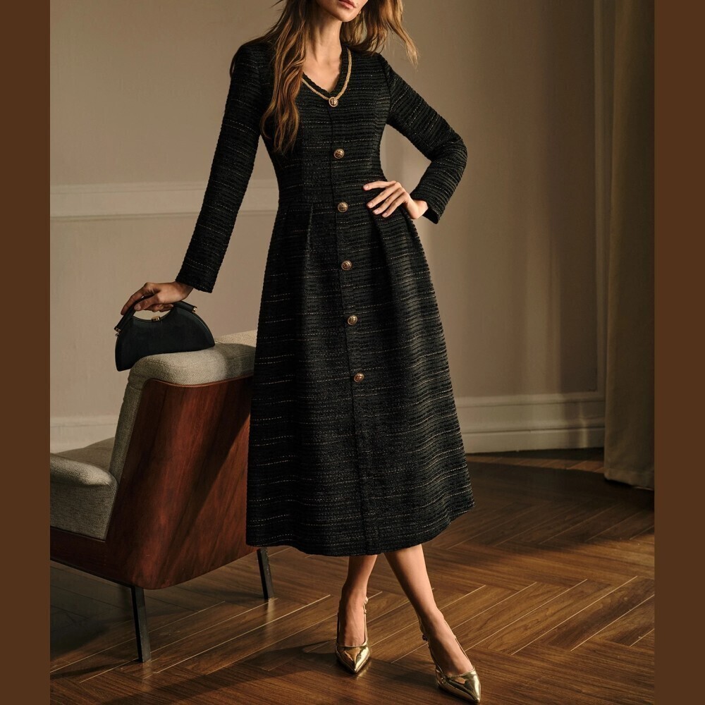 Black Tweed Gold Button Front V Neck Slim Fit Flared Skirt Midi Dress